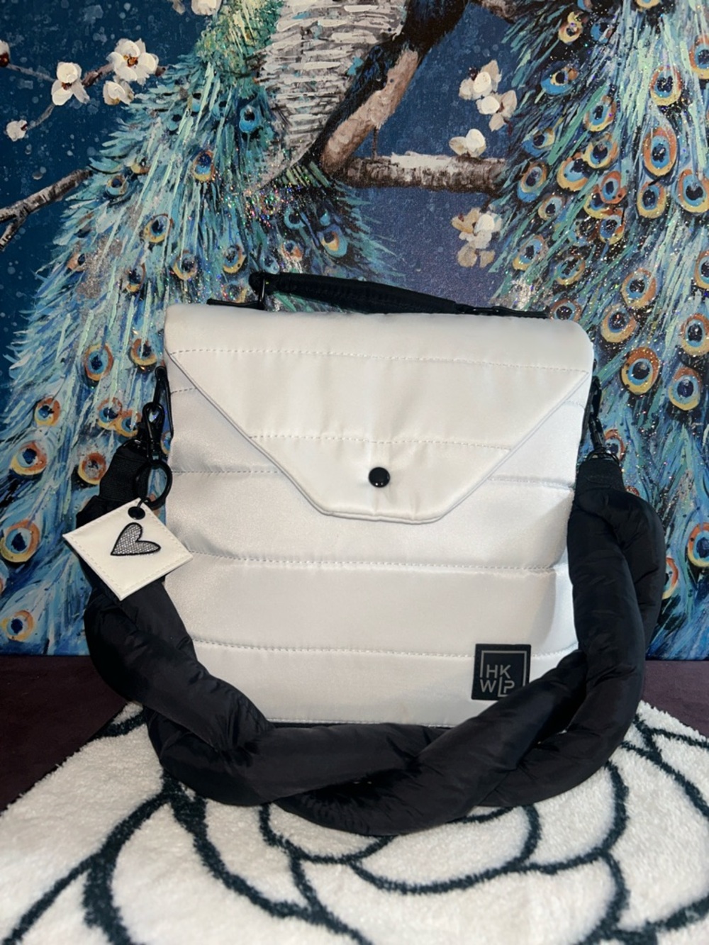 White and Black Puffer Crossbody Bag / Top Handle Clutch